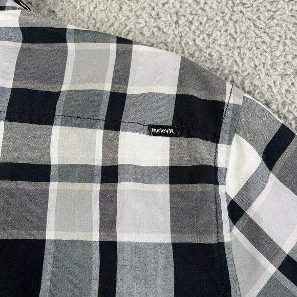 Hurley Shirt Men Medium Black Gray Plaid Button Casual Flap Pocket Surfer Skater - Picture 8 of 10